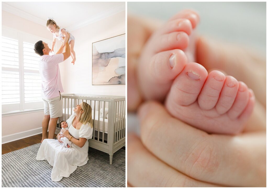 detail shots of baby toes and family of 4 playing in the nursery with dad trowing toddler in the air.